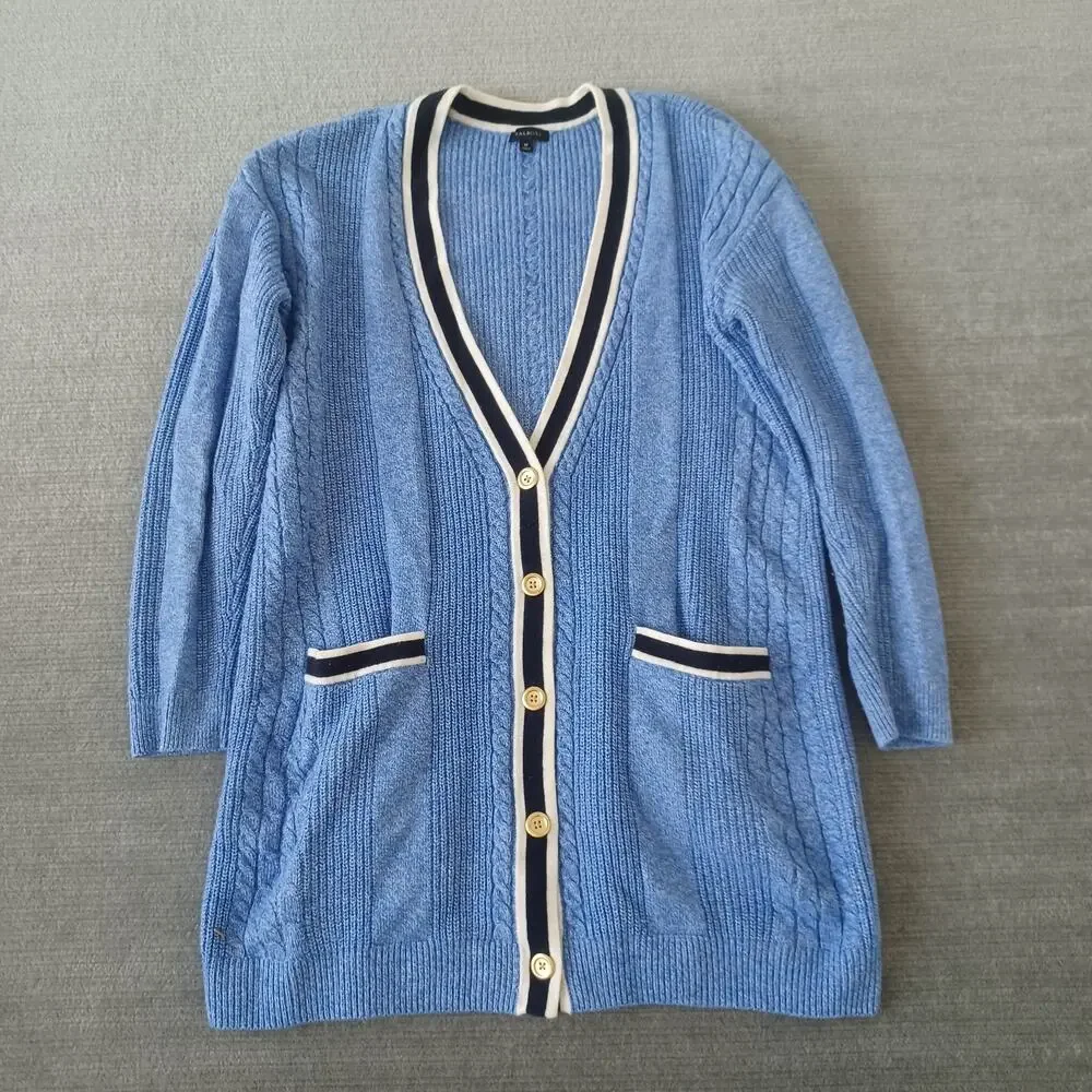 Talbots Cable Knit Cardigan Women M Blue Deep V-Neck Heavyweight Grannycore Cozy